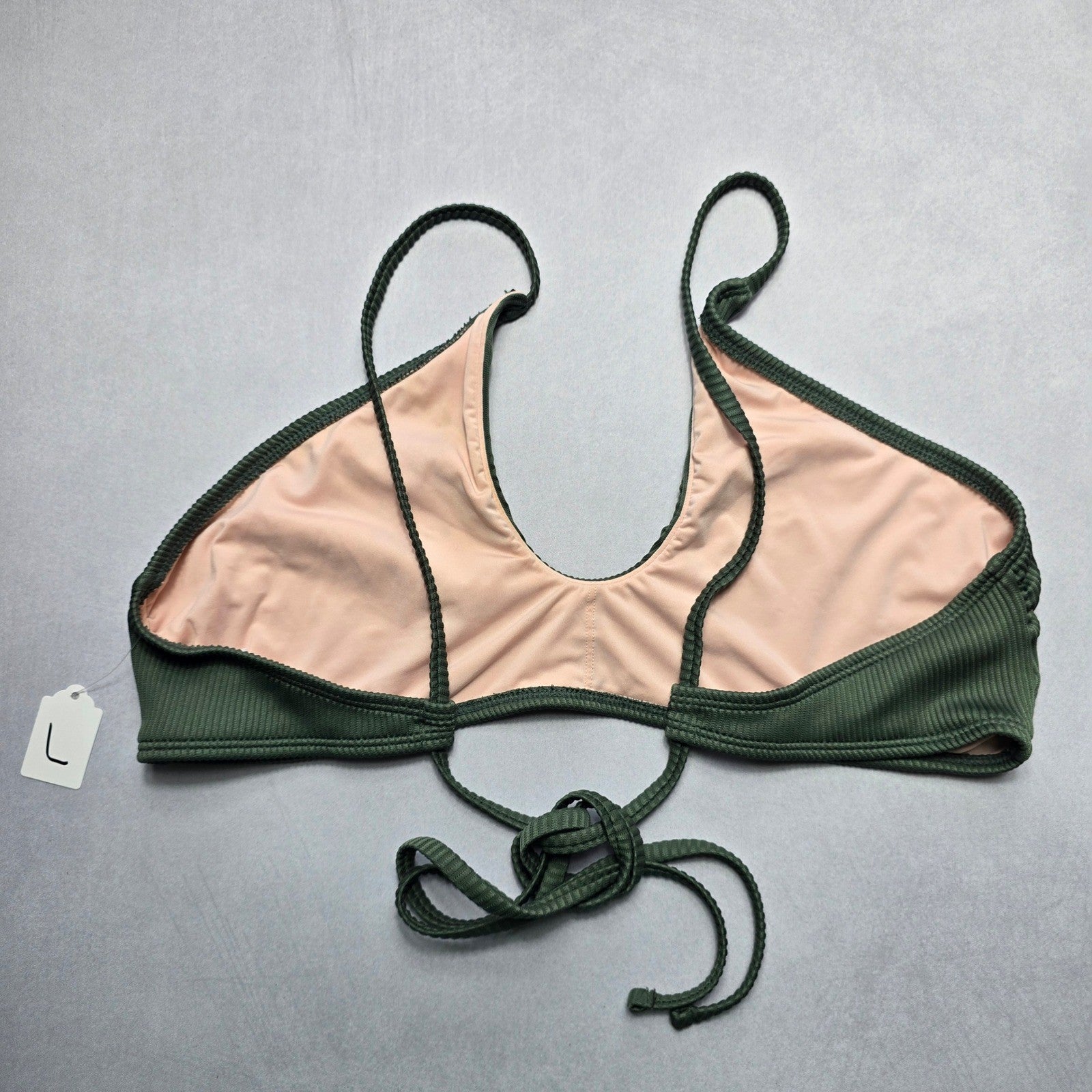 Mae Green Ribbed Ties Swim Boho Sports Bra Beach Bralette Bikini Top L Large