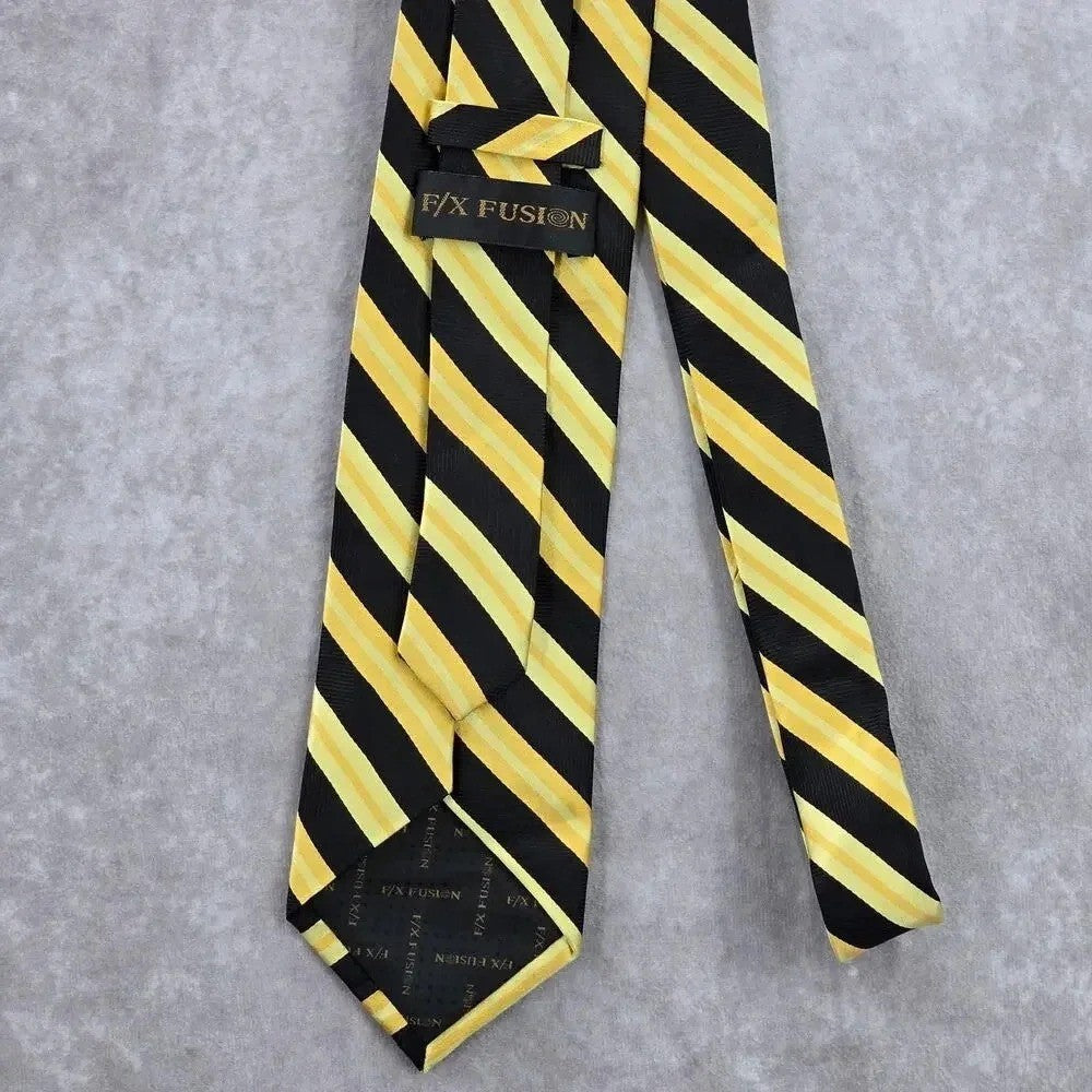 F/X Fusion Yellow Black Stripe Geometric 100% Silk Extra Long Mens Neck Tie NWOT