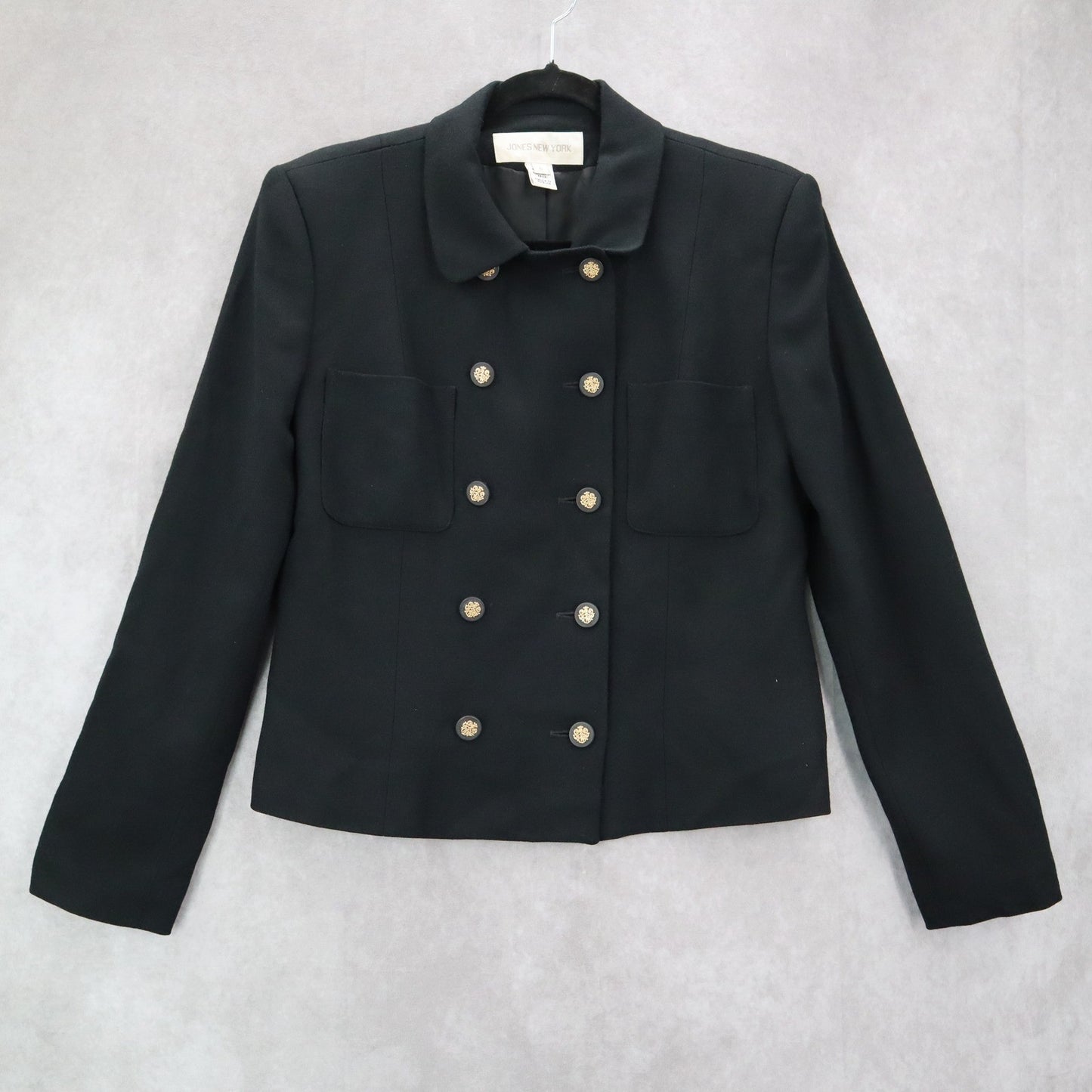 Jones New York Black Double Breasted 100% Worsted Wool USA Coat Jacket Blazer 6