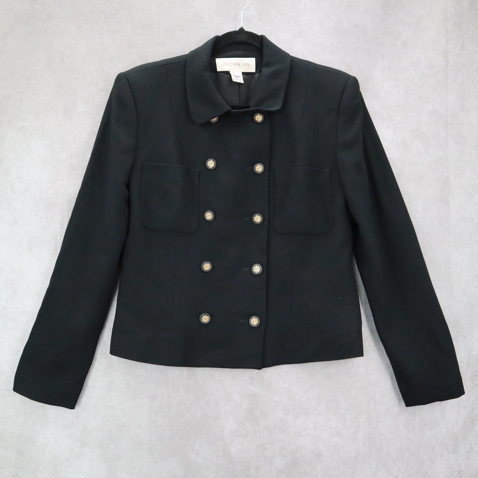 Jones New York Black Double Breasted 100% Worsted Wool USA Coat Jacket Blazer 6