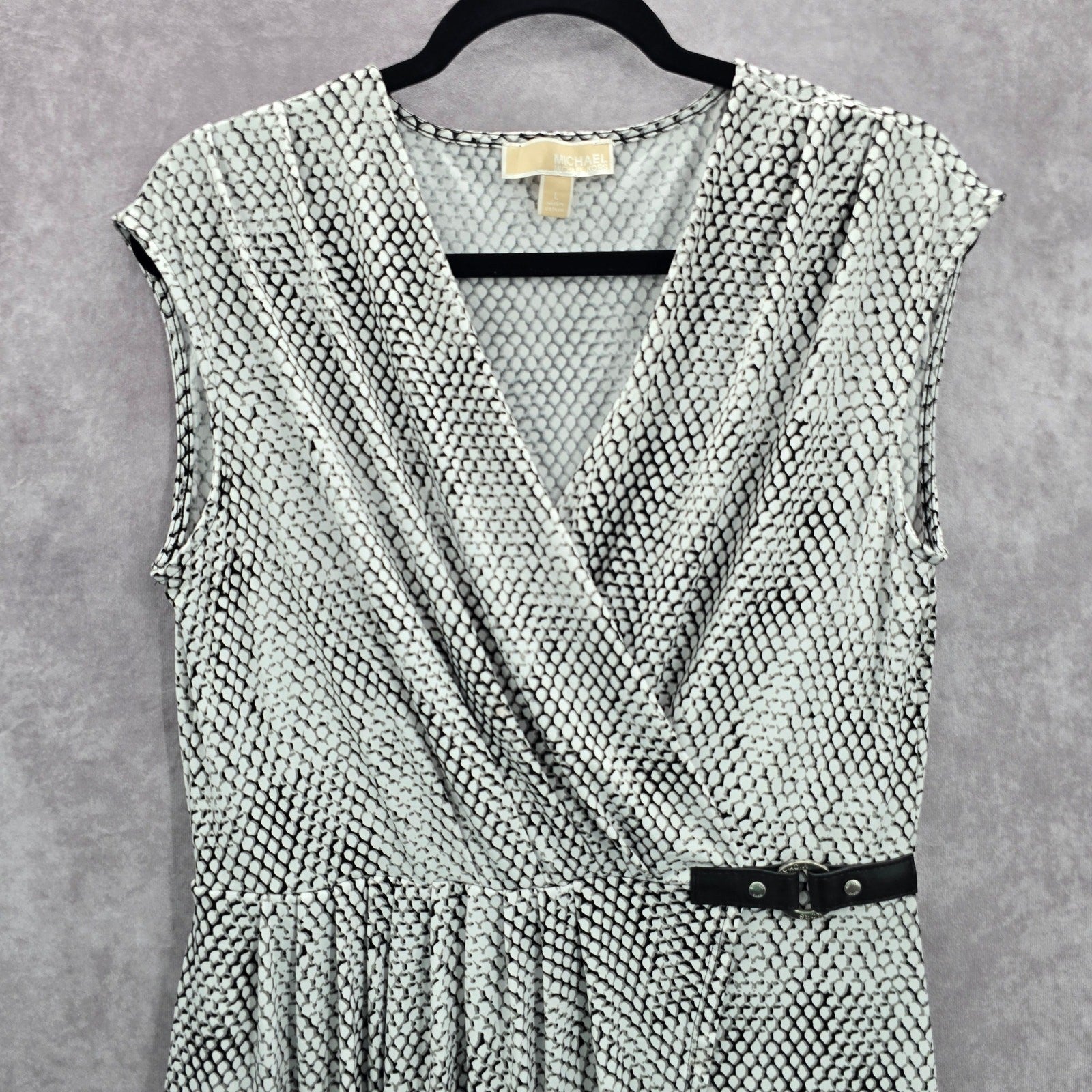 Michael Kors Black White Wrap Midi Knee Length Short Sleeve Dress Large