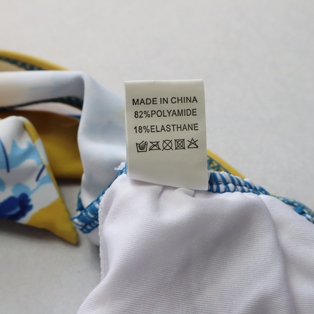 Yellow Floral Padded Halter Tie Knot Boho Swim Sports Bra Bikini Top L Large