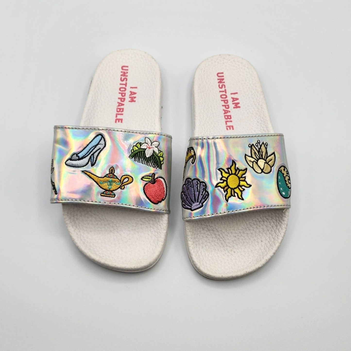 Disney Parks Holographic "I am Unstoppable" Girls Slide Sandals Size 12-13