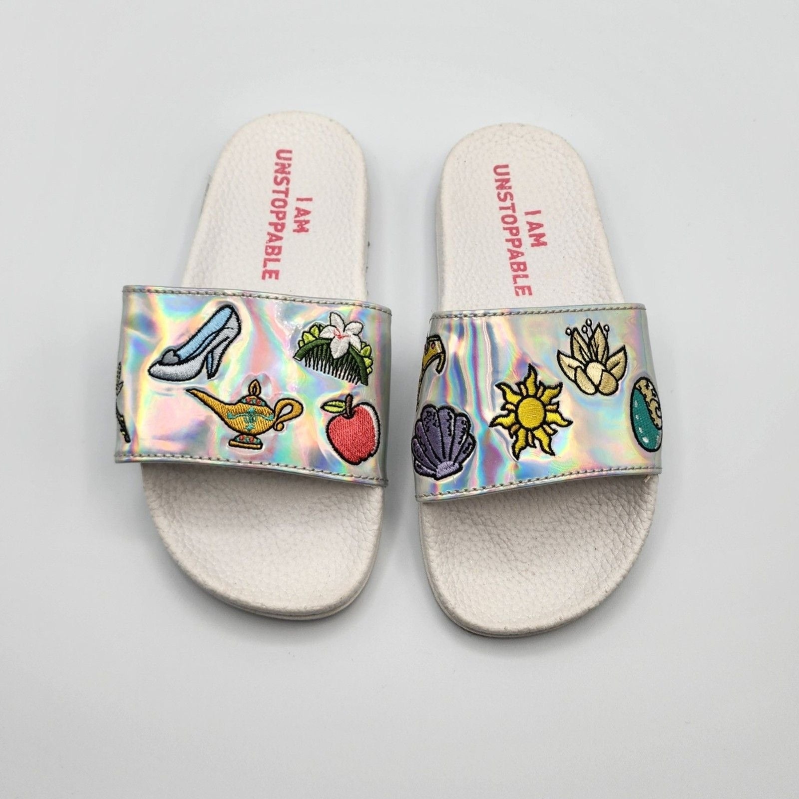 Disney Parks Holographic "I am Unstoppable" Girls Slide Sandals Size 12-13