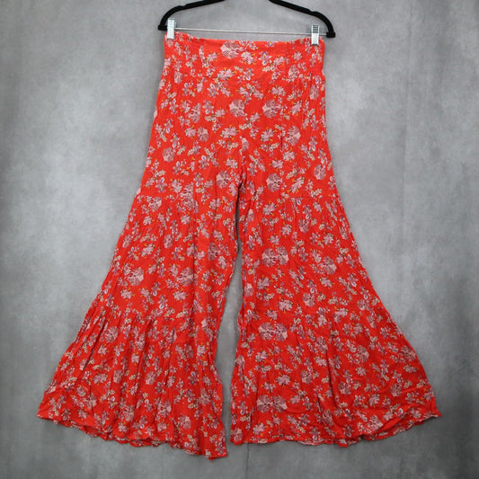 Forever 21 Red Floral Wide Leg Boho Pull On Straight Leg Trousers Pant M Medium