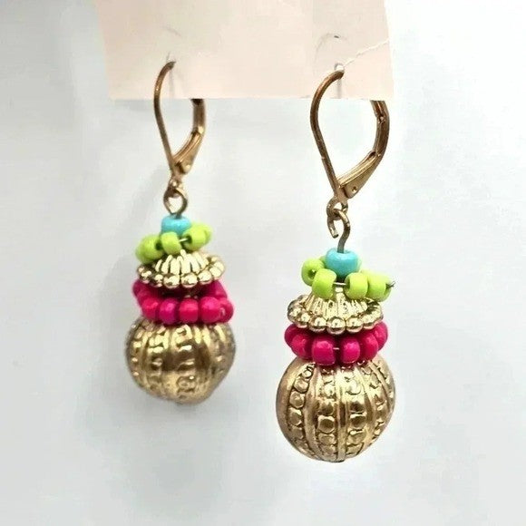 Pink Bead Gold Dangle Hook Drop Earrings Boho Retro Fashion Jewelry E17