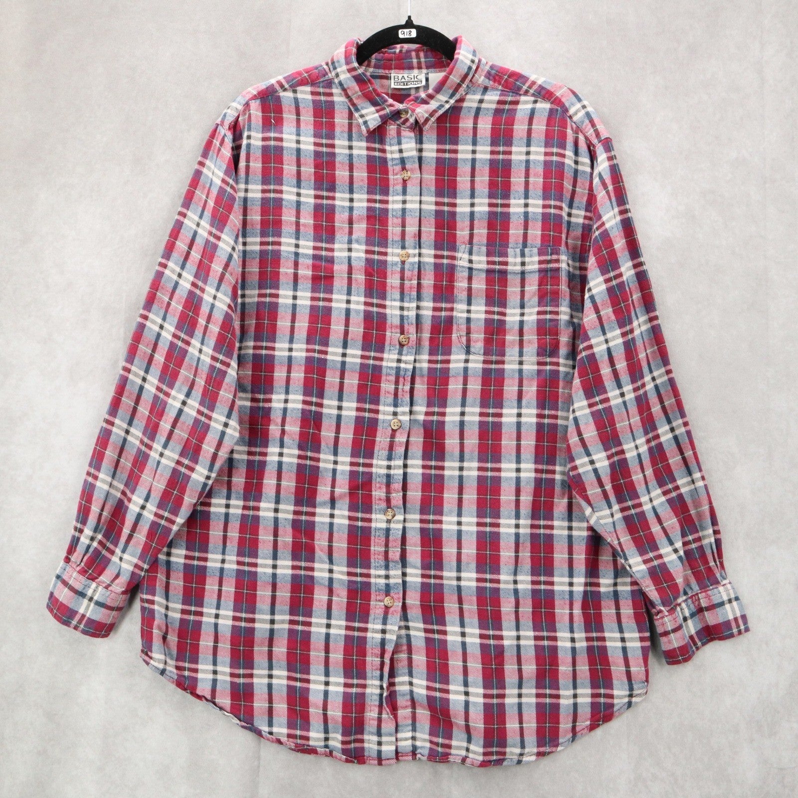 Basic Editions Red Flannel Plaid Long Sleeve Button Down Western Utility Large