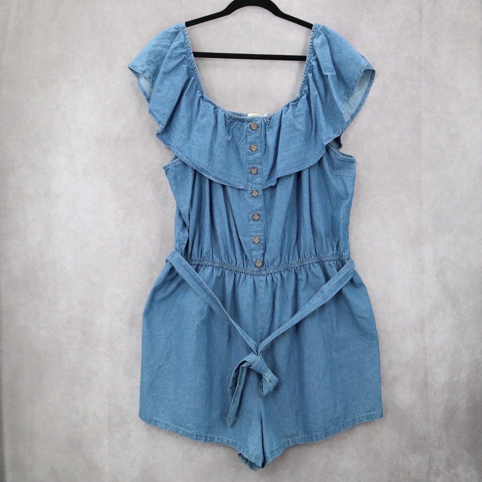 Derek Heart Blue Denim Cotton Ruffle Belt Shorts Stretch Romper Jumpsuit Plus 2X