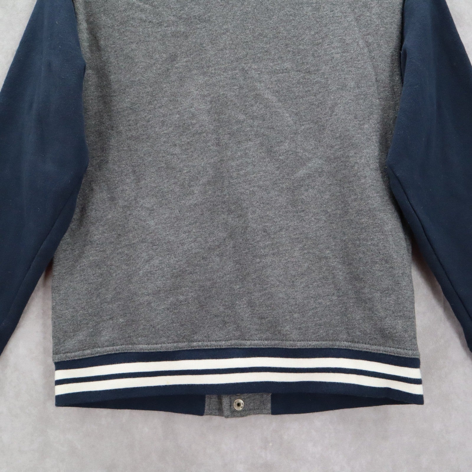 Gap Kids Gray Blue Button Bomber Varsity Pirate Patch Stripe Coat Jacket L Large