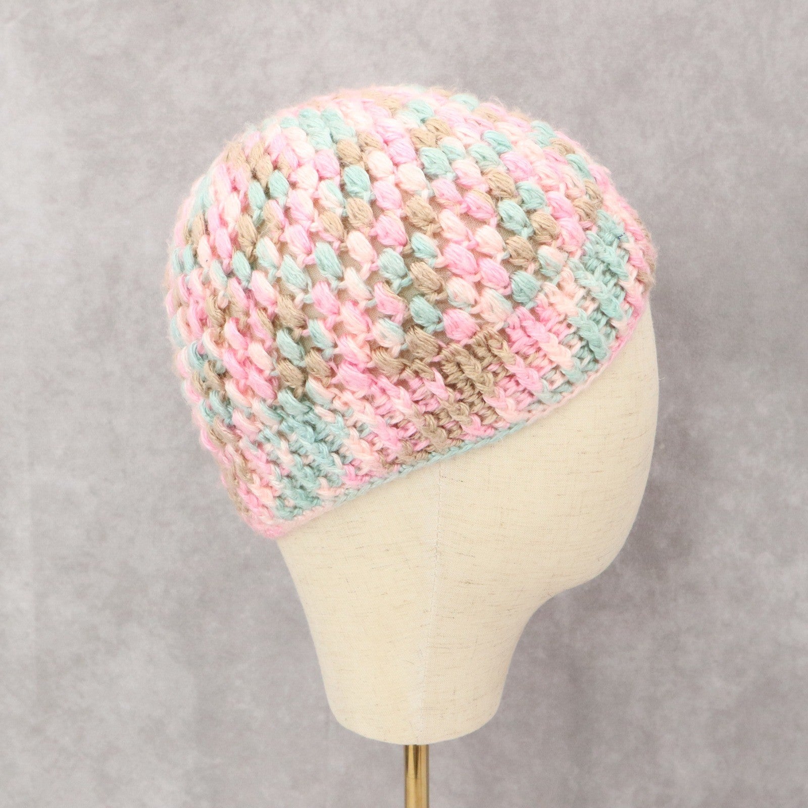 Pink Crochet Cable Knit Y2K Vintage Cottage Cozy Beanie Cap Hat OS