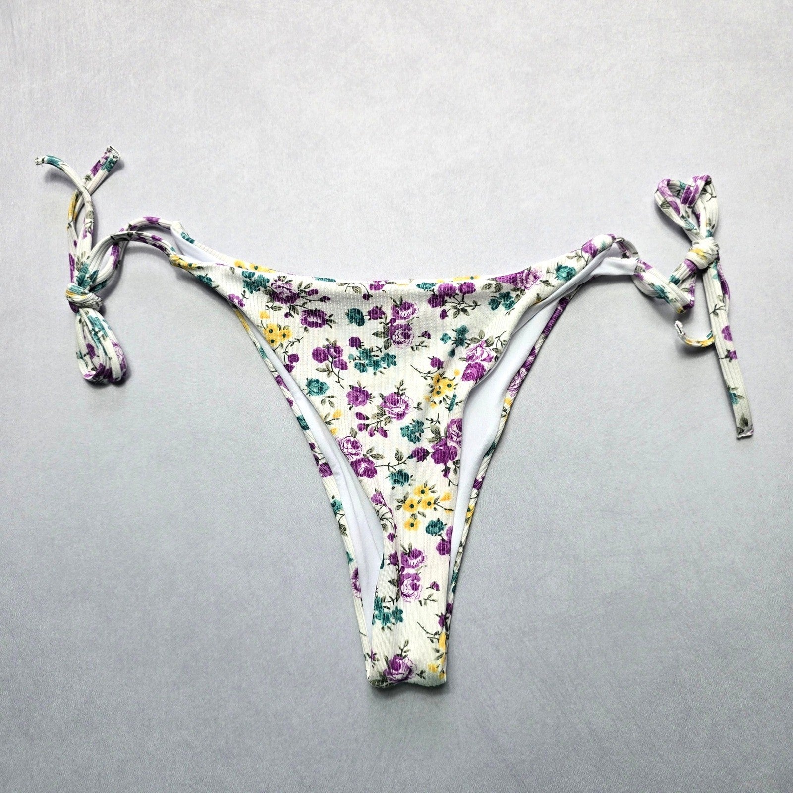 White Flower Ribbed Thong Tie Swim Beach Flirty Boho Bikini Bottom L Large