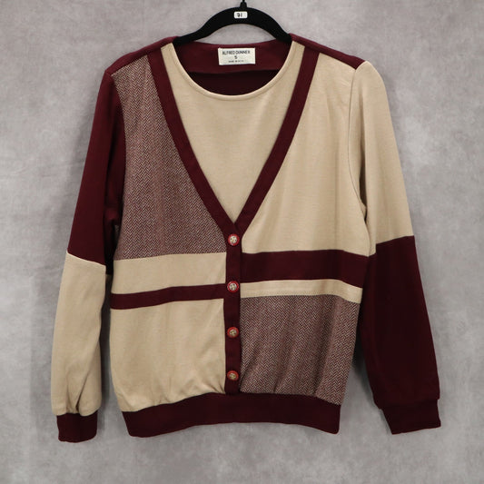 Alfred Dunner Maroon Tan Cardigan Button Luxury Chic Preppy Sweater Small