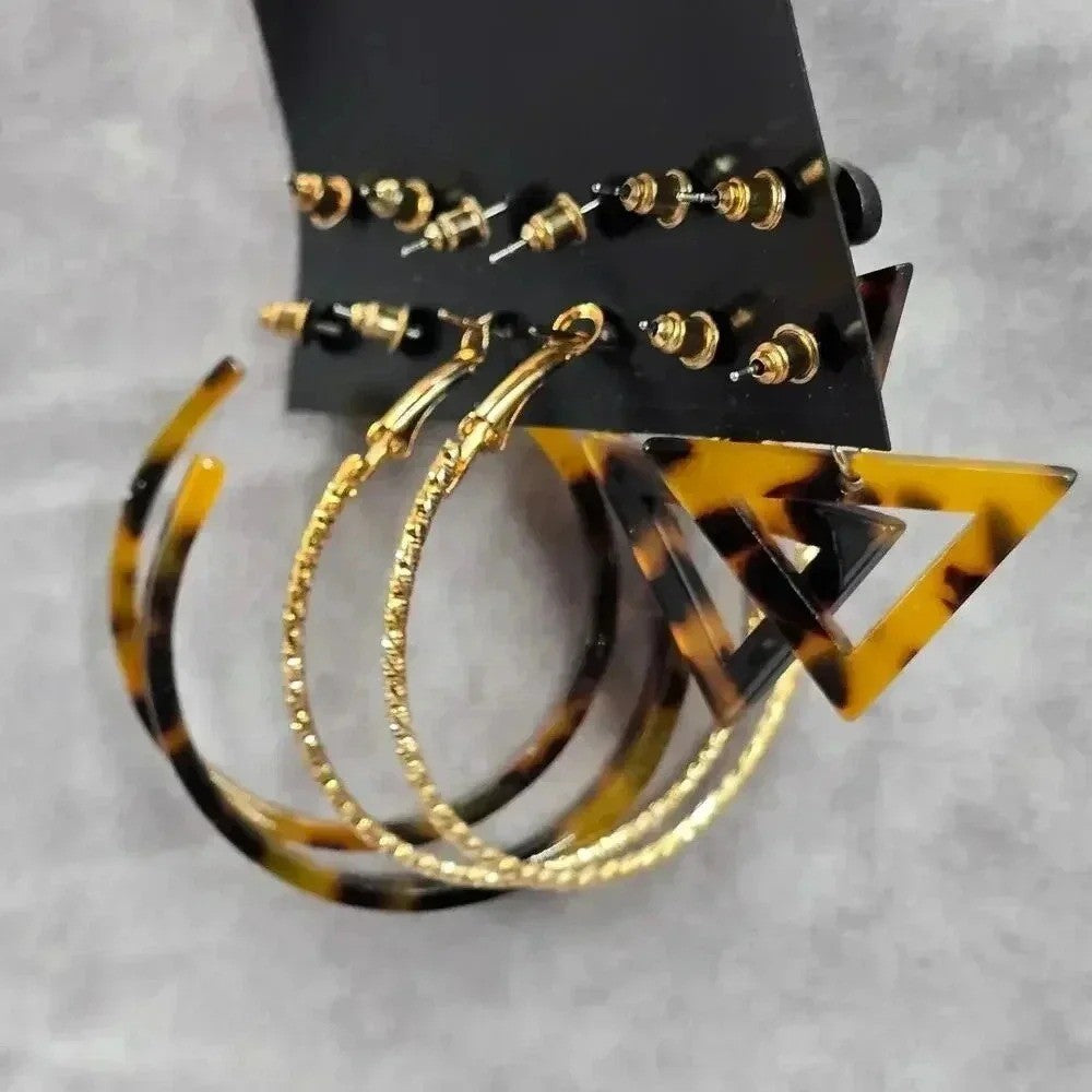 Brown Black Hoop Stud Dangle Earrings Set of Six Bundle Fashion Jewelry Earrings
