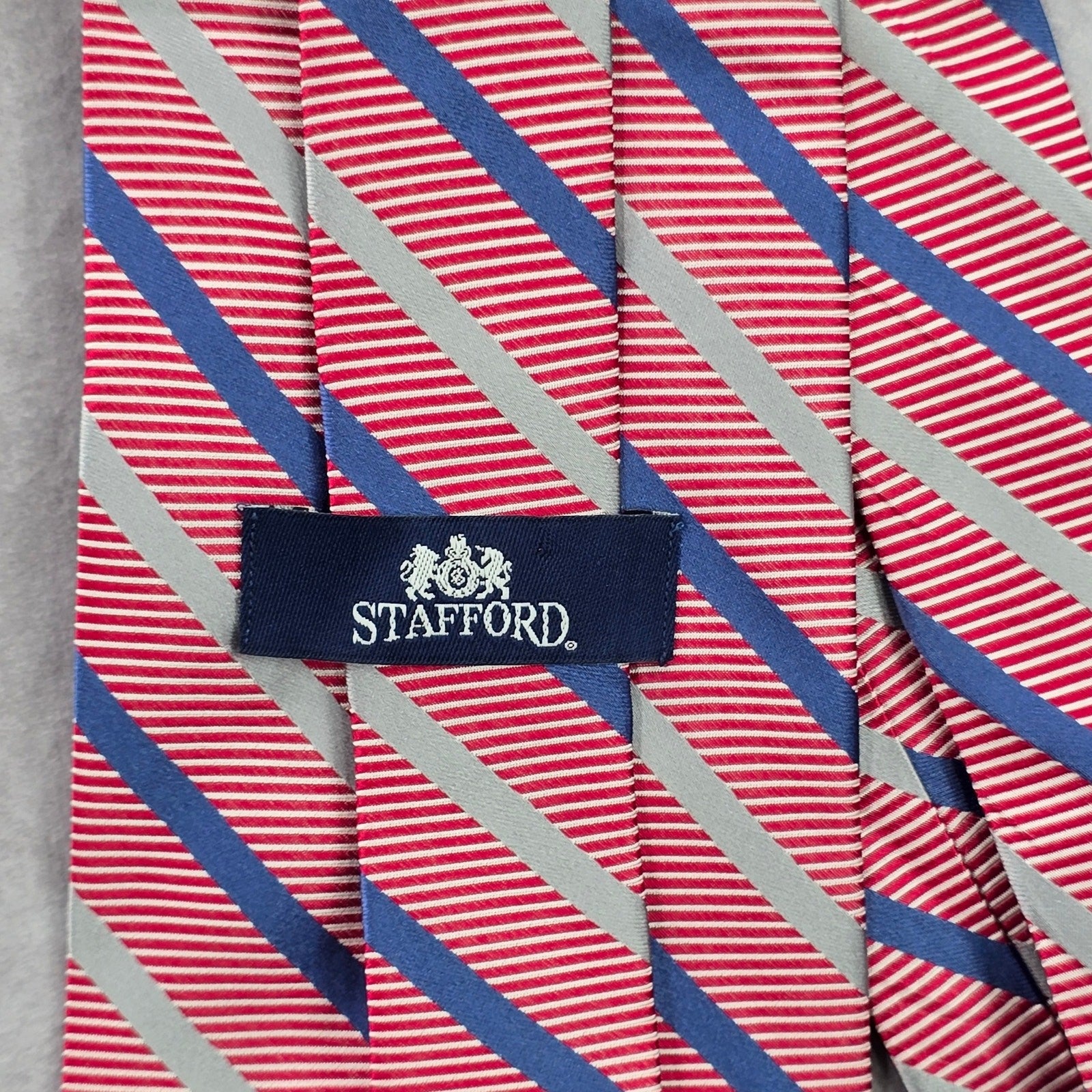 Stafford Red Blue Silver Stripe Repp Geometric 100% Silk Mens Neck Tie Executive