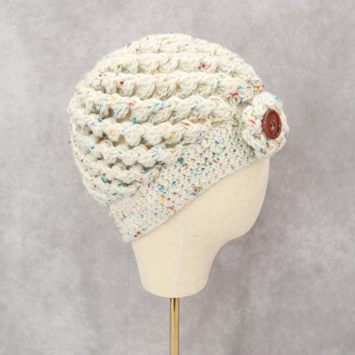 White Multi Cable Knit Flower Button Y2K Vintage Beanie Cap Hat