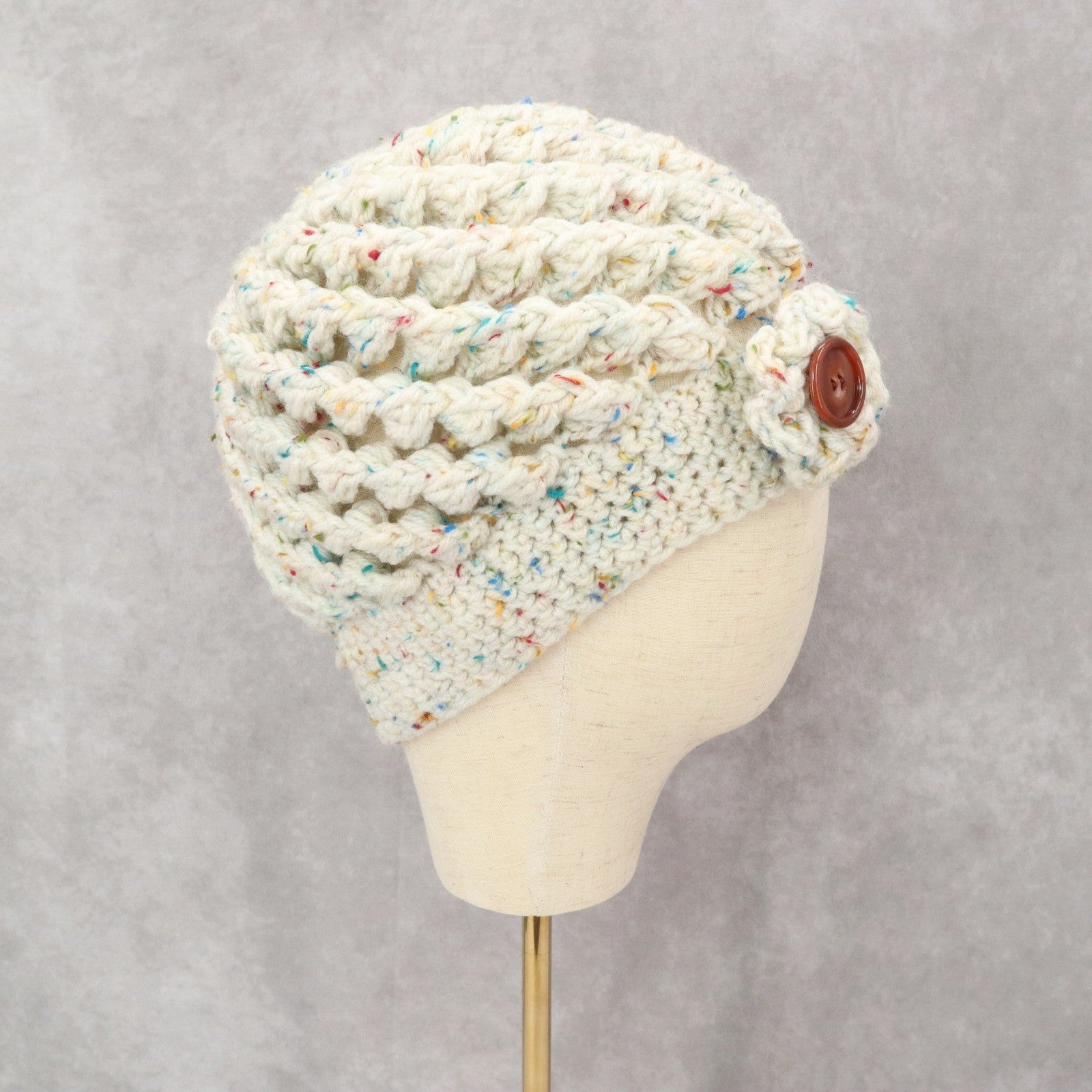 White Multi Cable Knit Flower Button Y2K Vintage Beanie Cap Hat