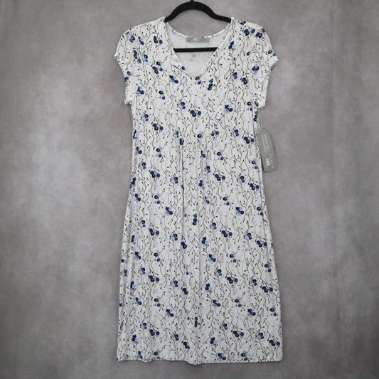 Riders by Lee White Floral Midi Dress Blue V-Neck Casual A-Line Flare S Small