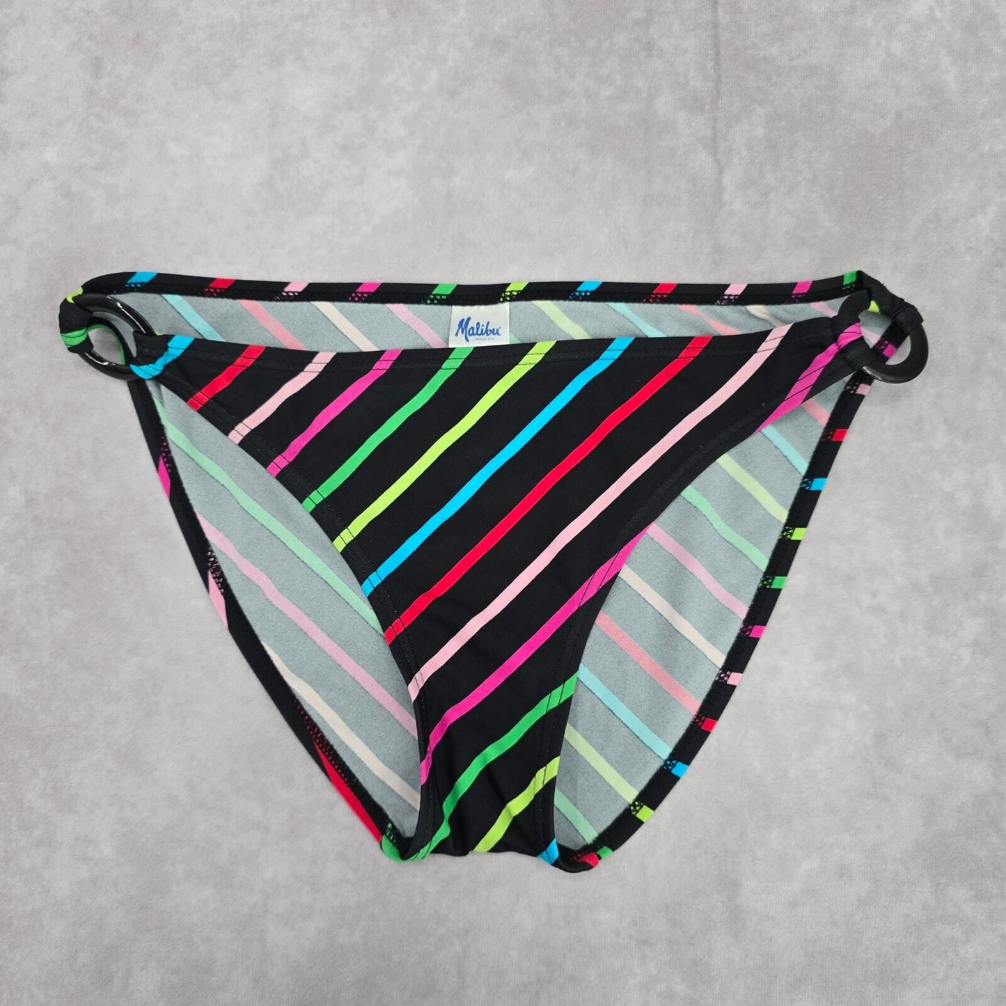 Malibu Dream Girl Black Red Pink Stripe Cheeky Bikini Bottom Swimwear M Medium