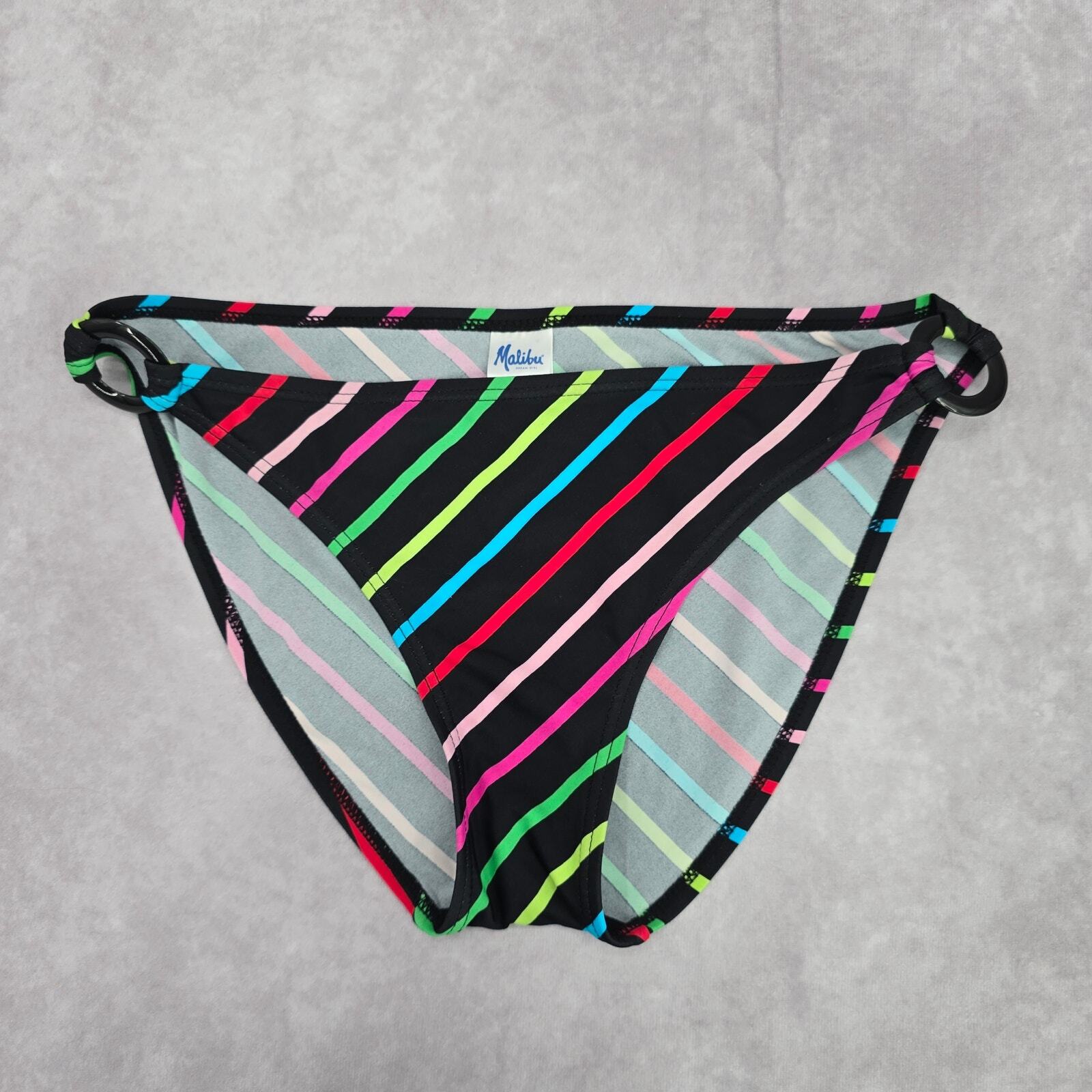 Malibu Dream Girl Black Red Pink Stripe Cheeky Bikini Bottom Swimwear M Medium