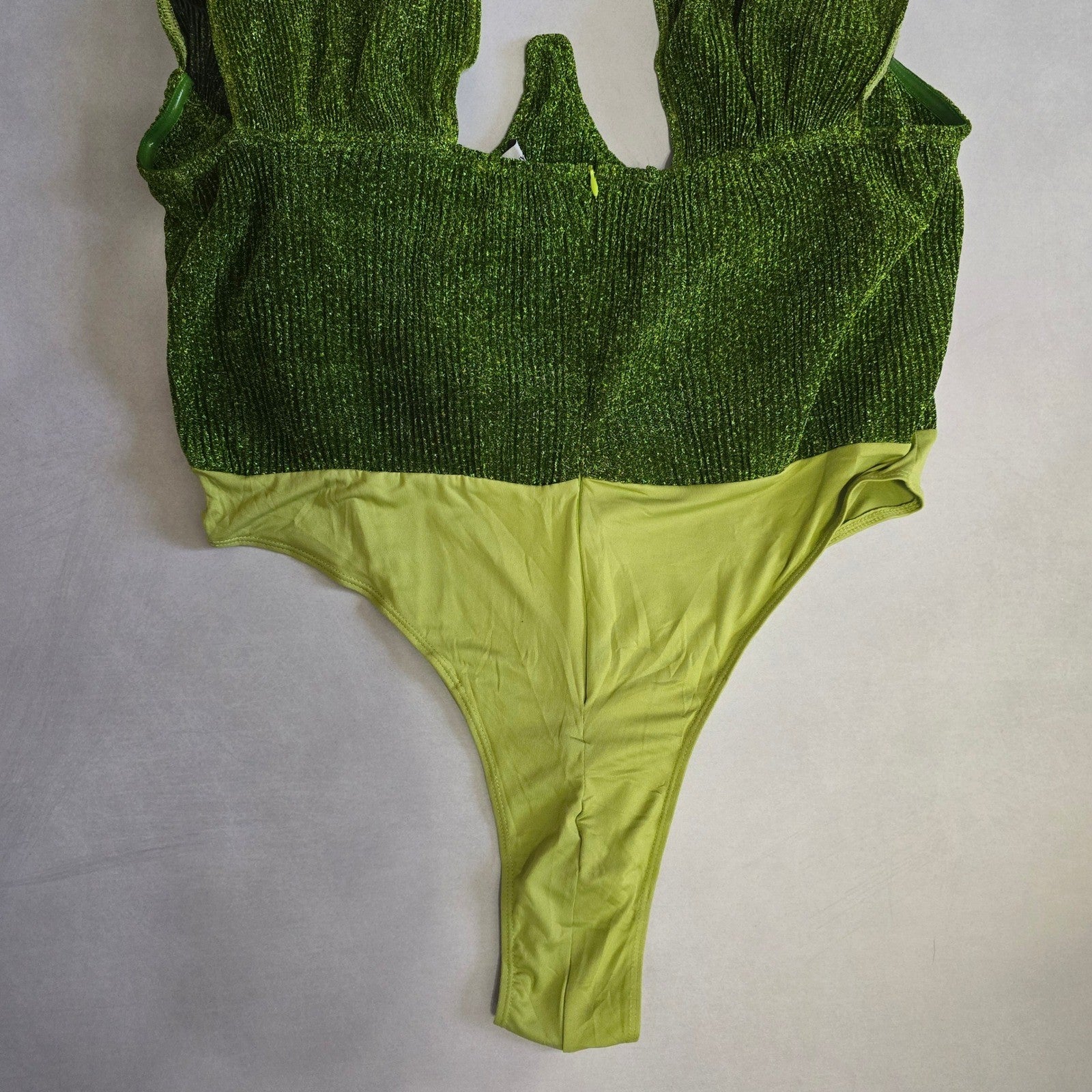 Pretty Little Thing Green Sparkle Plunge V Neck One Piece Bodysuit Top Plus 18