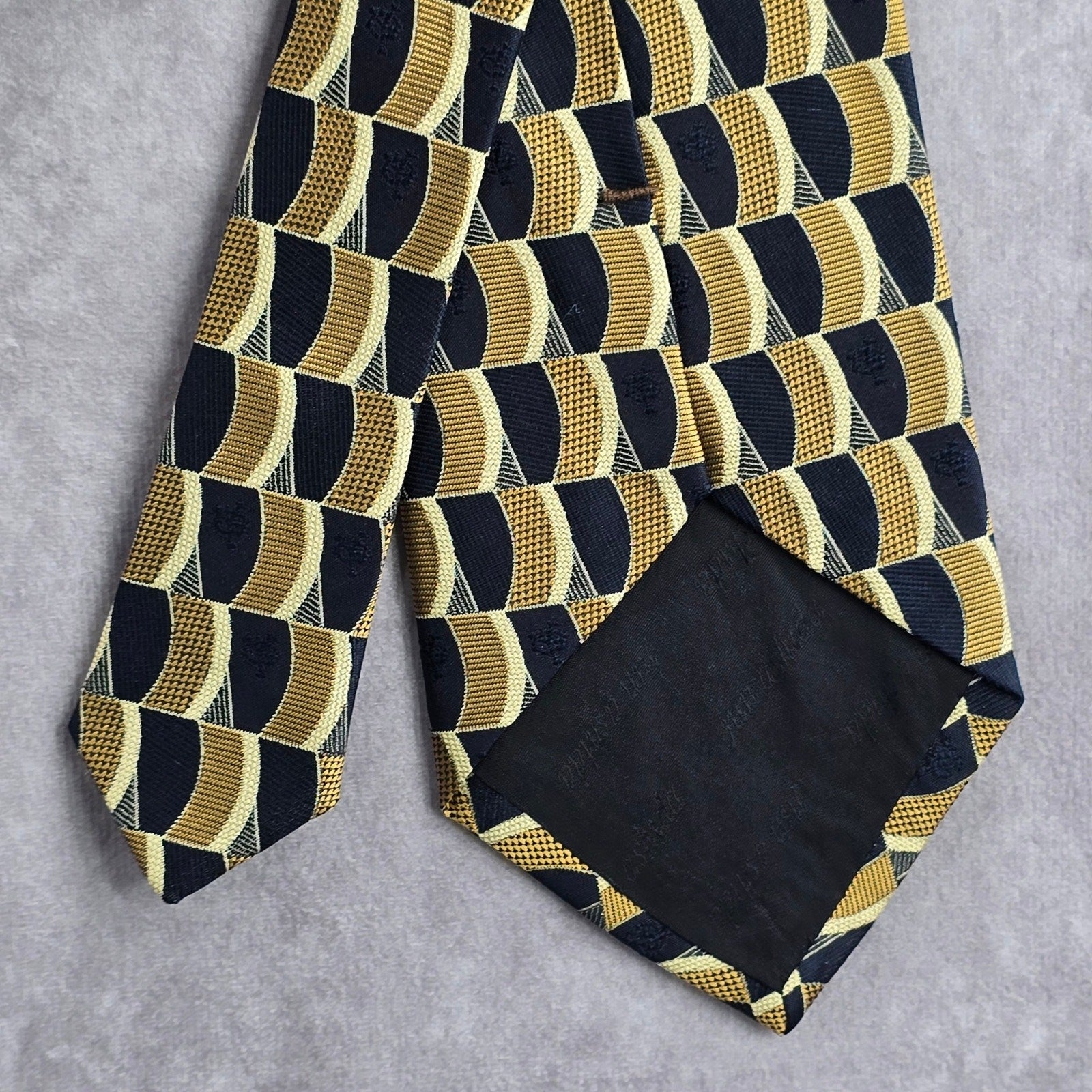 Jun Ashida Gold Blue Geometric Executive Floral Wave 100% Silk Neck Tie