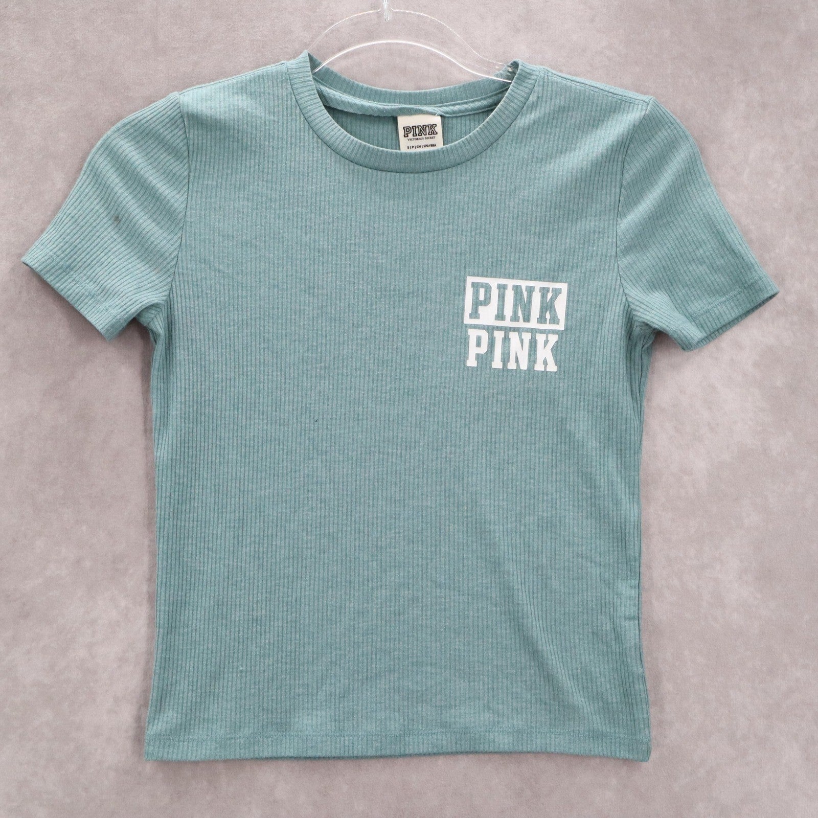 Victoria's Secret Pink Logo Blue Ribbed Short Sleeve Cropped Tshirt Top S Small
