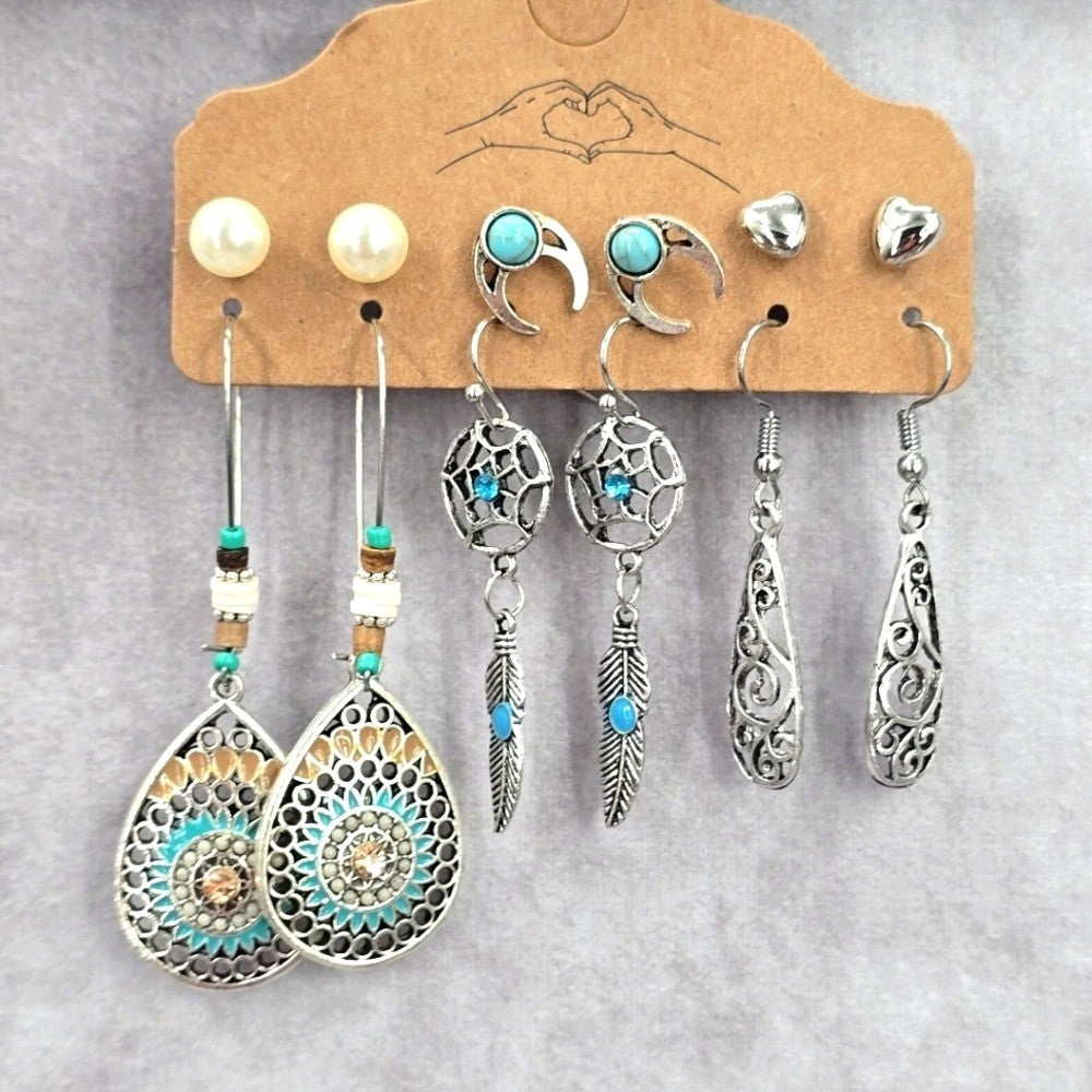 Silver Feather Moon Boho Hoop Dangle Stud Earrings Retro Fashion Jewelry JB2-66