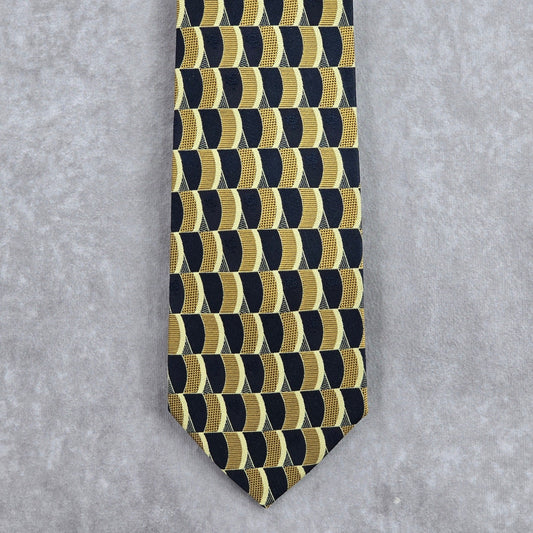 Jun Ashida Gold Blue Geometric Executive Floral Wave 100% Silk Neck Tie