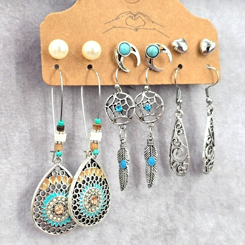 Silver Feather Moon Boho Hoop Dangle Stud Earrings Retro Fashion Jewelry JB2-66