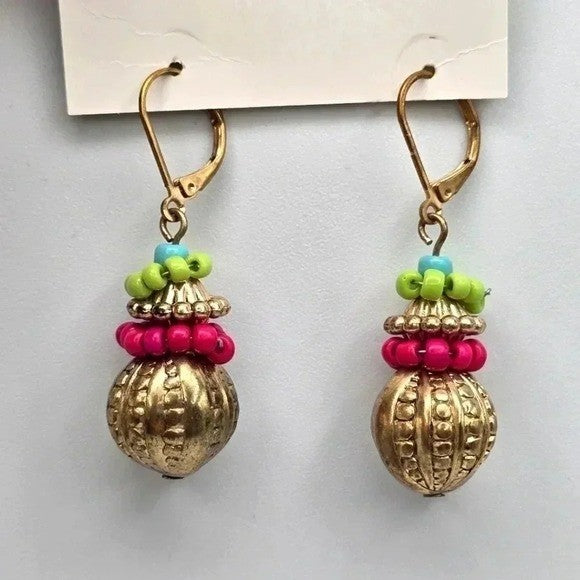Pink Bead Gold Dangle Hook Drop Earrings Boho Retro Fashion Jewelry E17