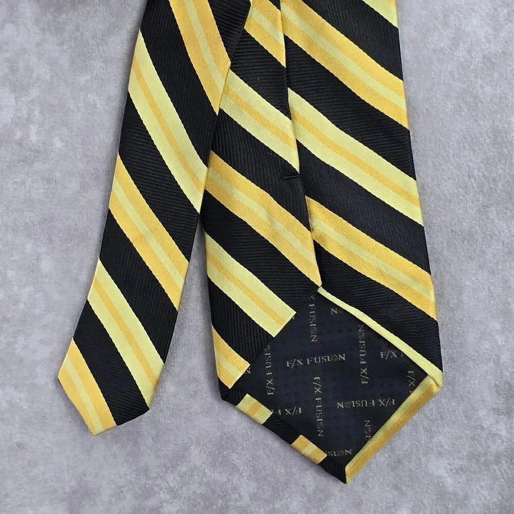 F/X Fusion Yellow Black Stripe Geometric 100% Silk Extra Long Mens Neck Tie NWOT