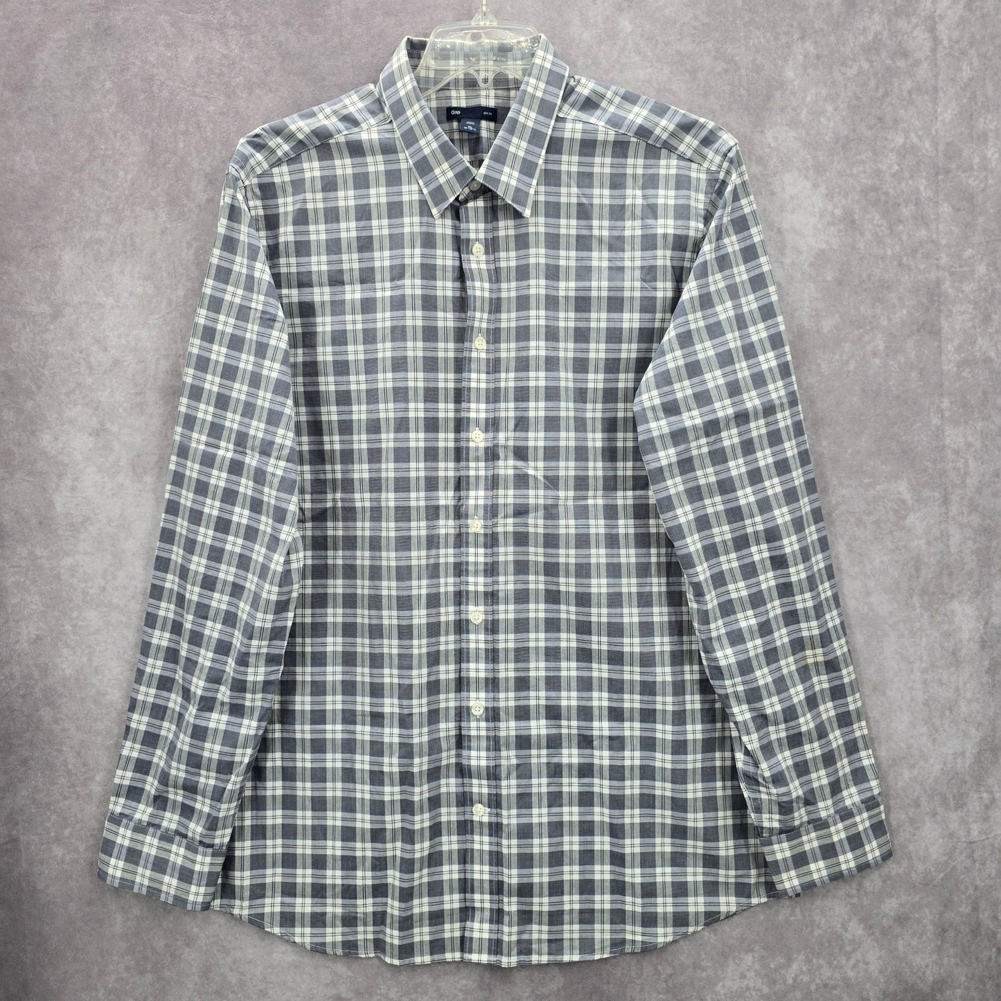 Gap Slim Fit Gray Plaid Long Sleeve Casual Work Mens Button Down Dress Shirt XL