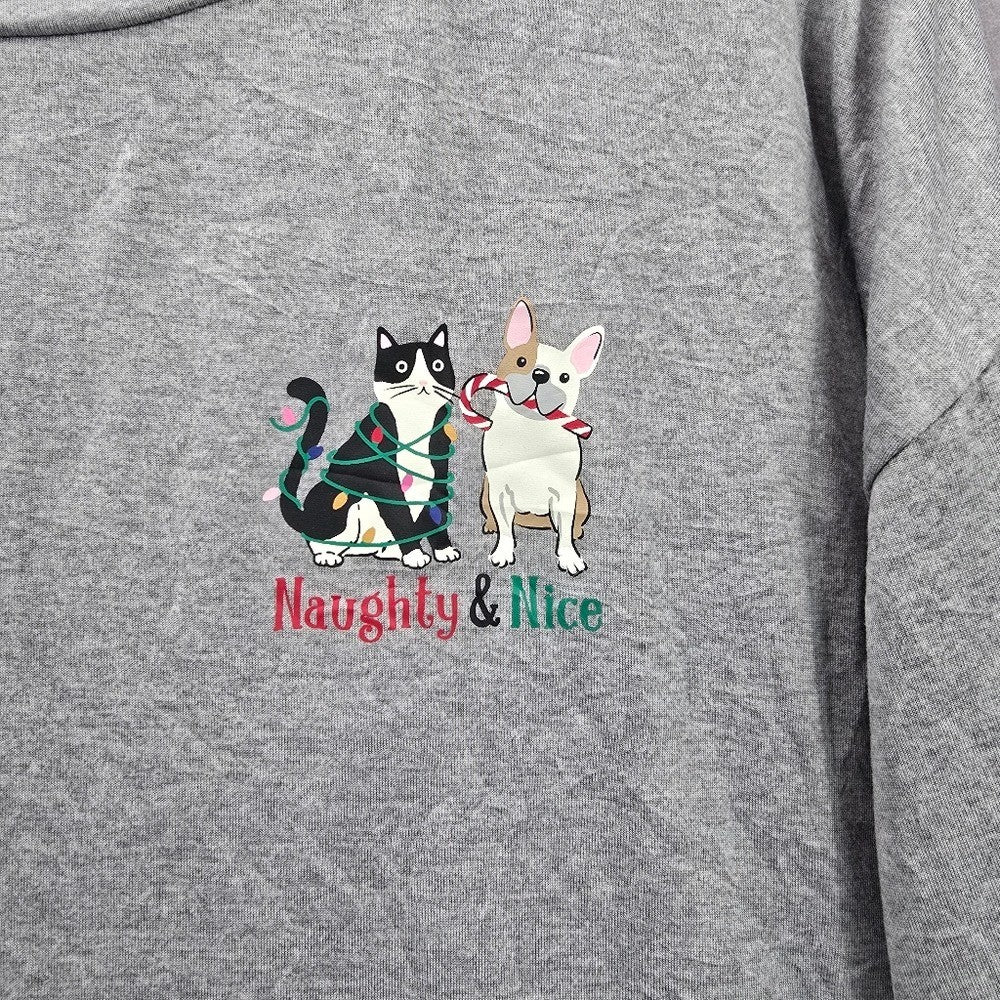 Gray Christmas Dog Cat Holiday Festival Relaxed Naughty Nice Print Top Medium