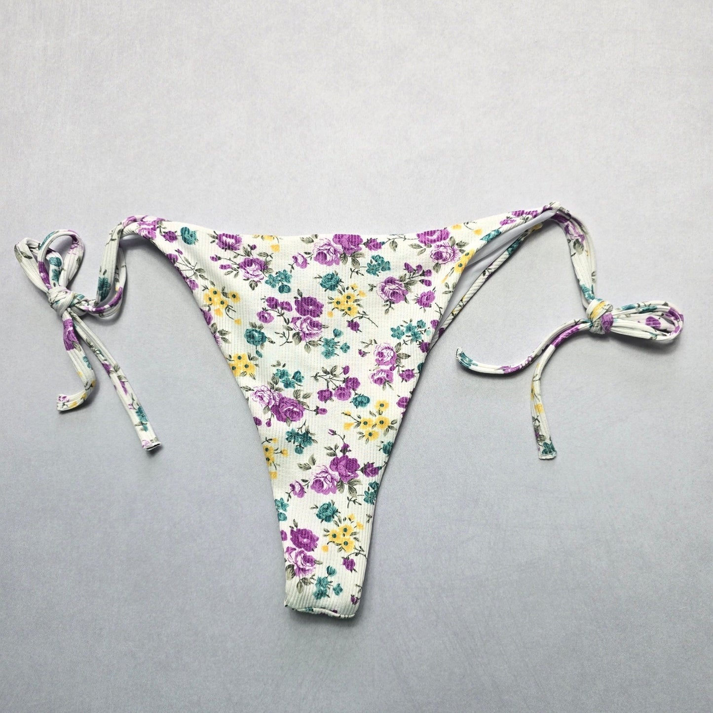 White Flower Ribbed Thong Tie Swim Beach Flirty Boho Bikini Bottom L Large