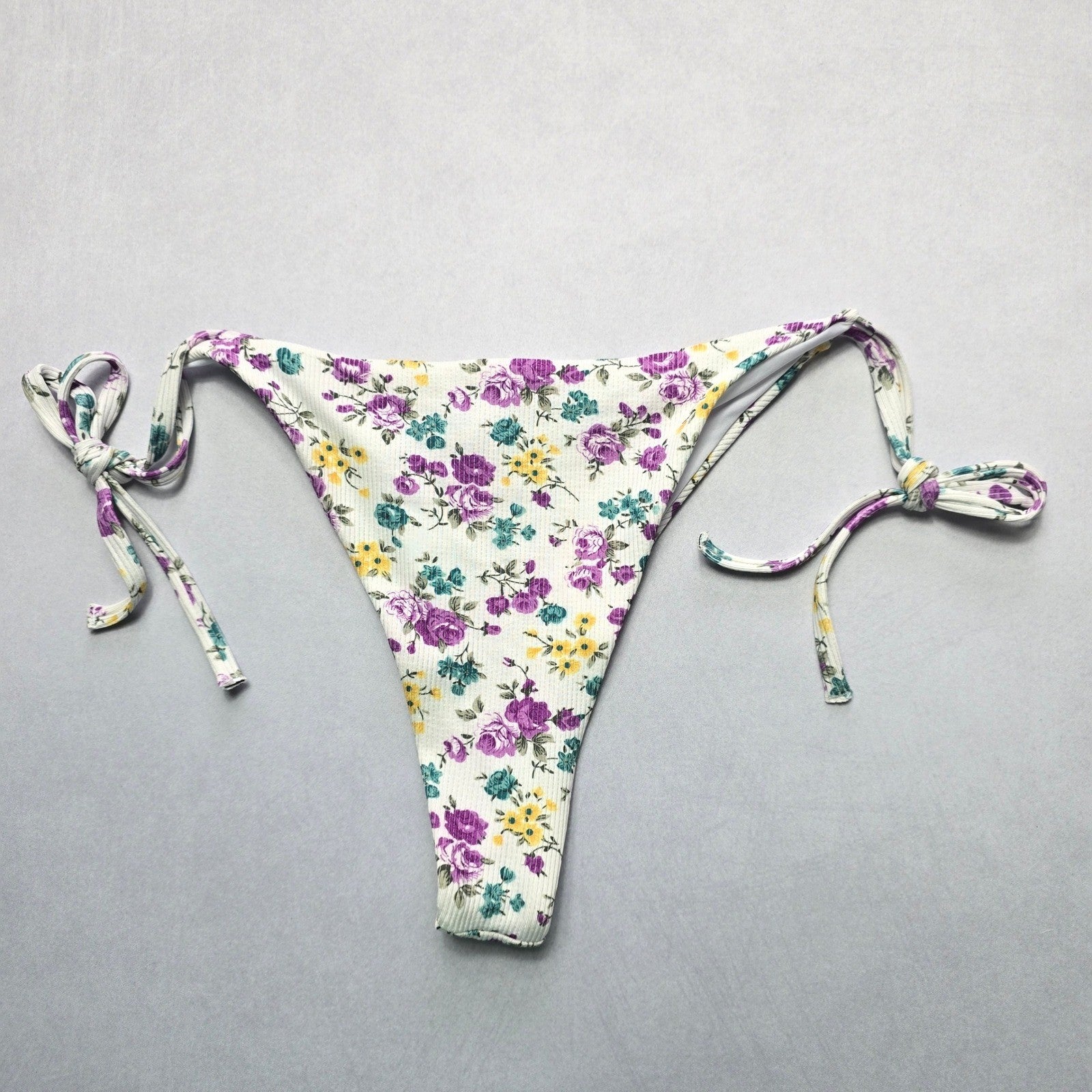 White Flower Ribbed Thong Tie Swim Beach Flirty Boho Bikini Bottom L Large