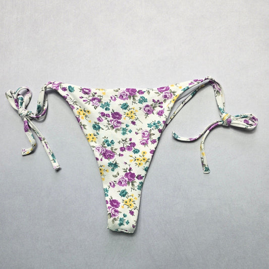 White Flower Ribbed Thong Tie Swim Beach Flirty Boho Bikini Bottom L Large