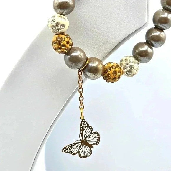 Bead Elastic Butterfly Charm Gray Fashion Boho Retro Jewelry Bracelet B11