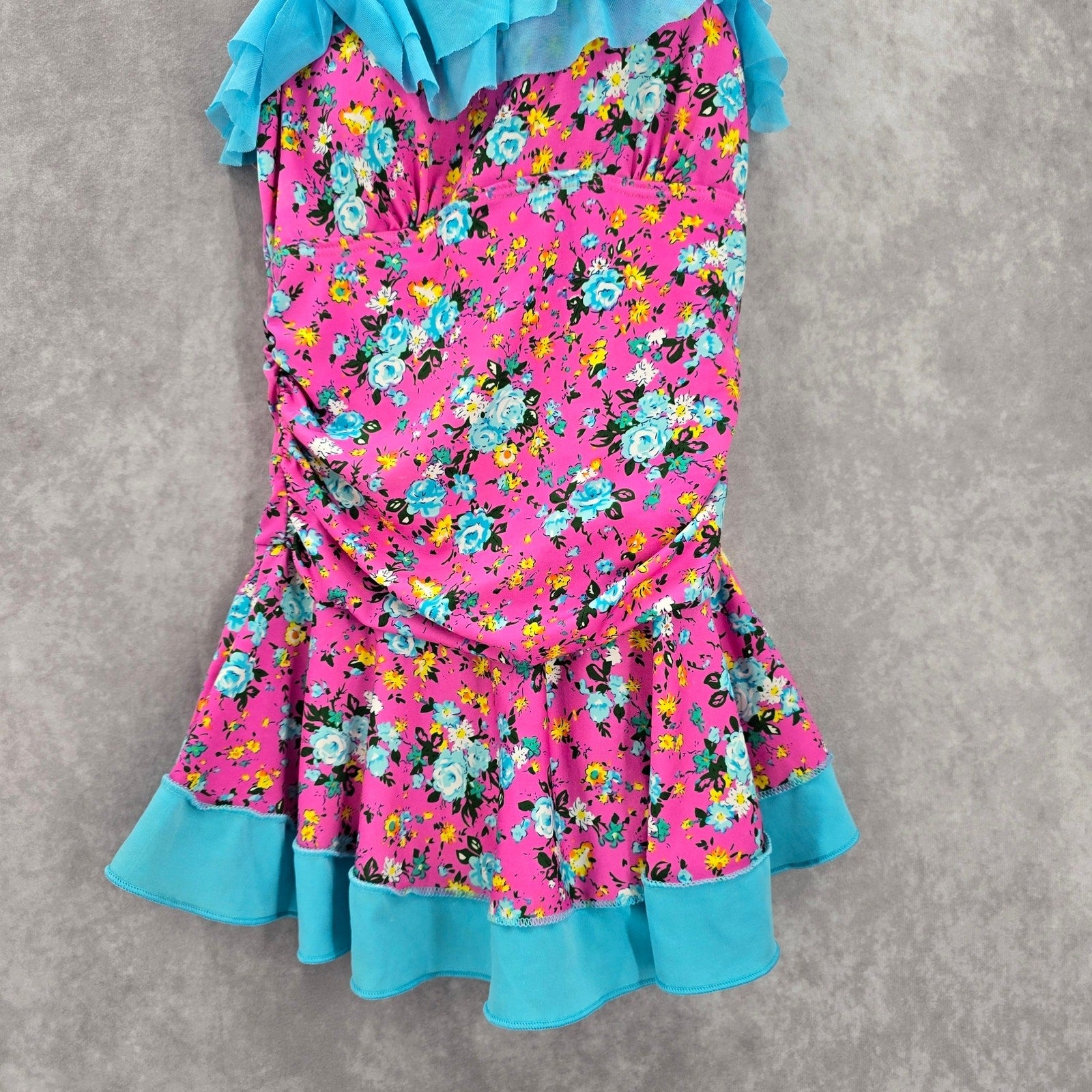 Pink Blue Floral Skort One Piece Ruffle Swim Junior Youth Boho Skirt Girls 16