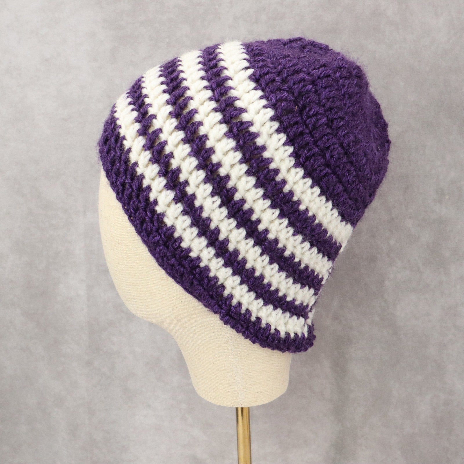 Purple Chevron Multi Color Crochet Cable Knit Y2K Vintage Cottage Beanie Cap Hat