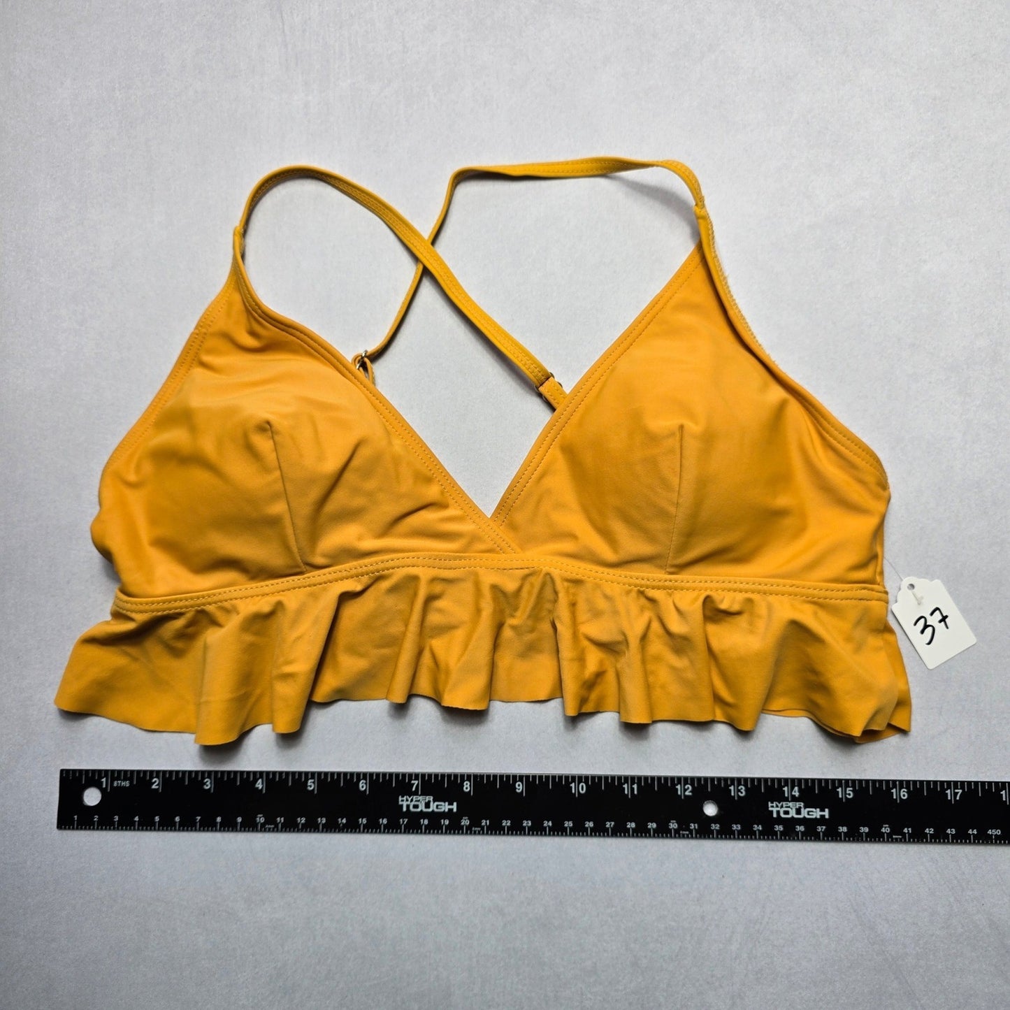 Yellow Ruffle Padded Pull On Crisscross Swim Sports Bra Beach Bikini Top L Large
