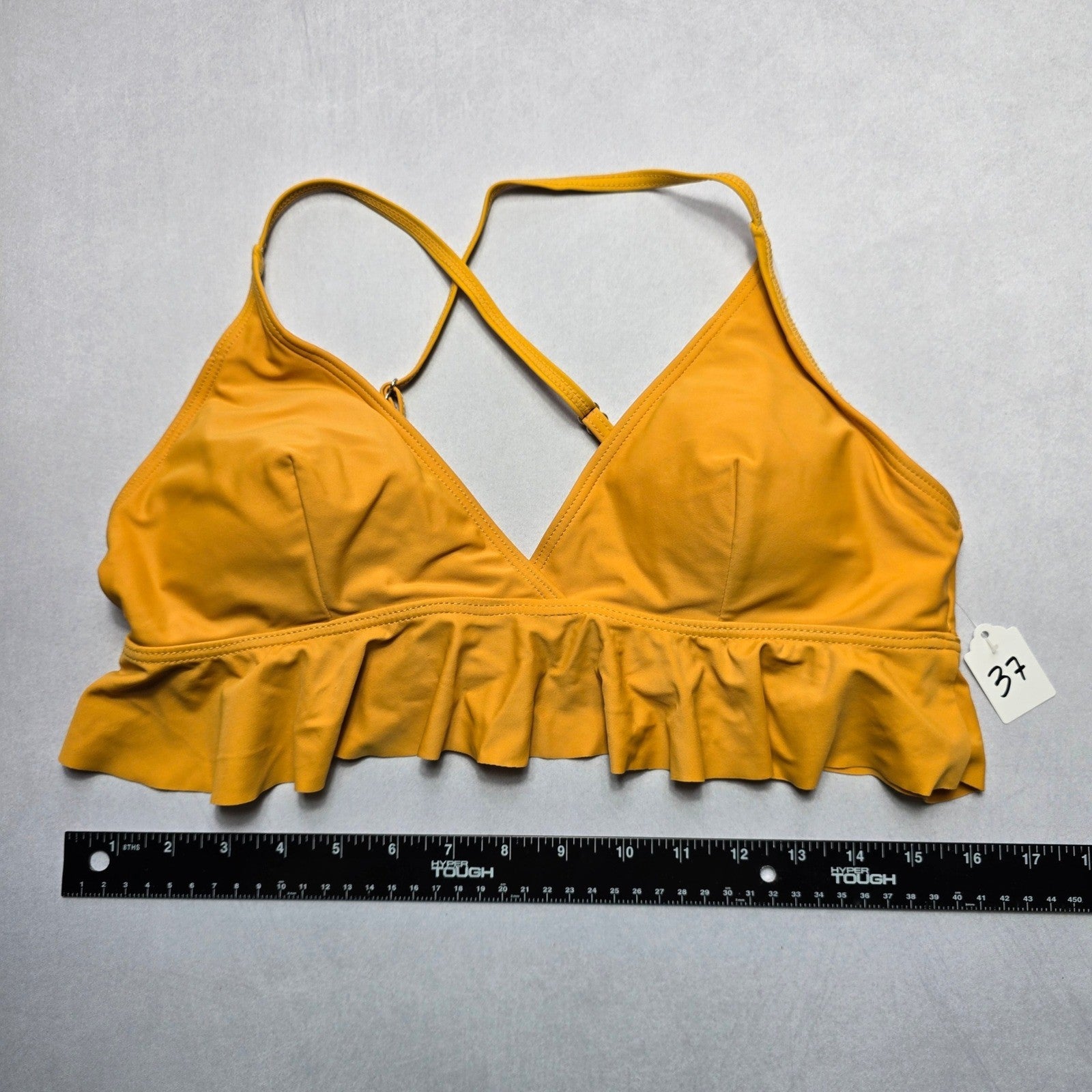 Yellow Ruffle Padded Pull On Crisscross Swim Sports Bra Beach Bikini Top L Large