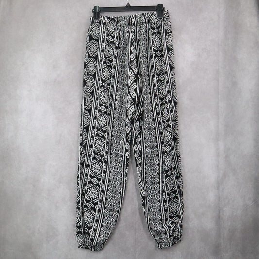 Ambiance Apparel Black White Harem Boho Geometric Print Tapered Pants L Large