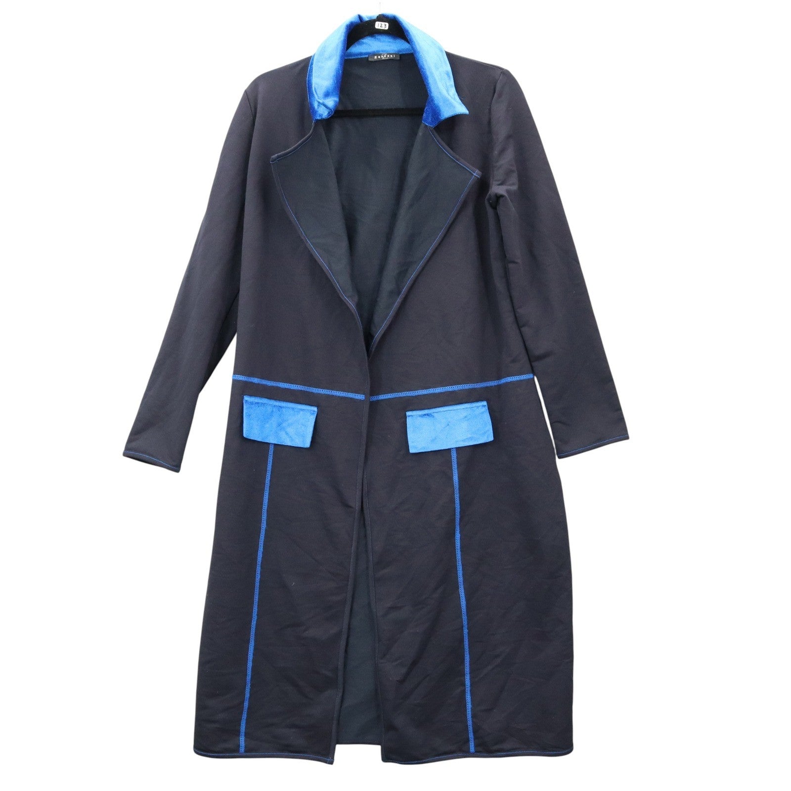 Zentoni Black Peak Lapel Blue Collar Flap Pocket Regency Trench Coat Jacket M