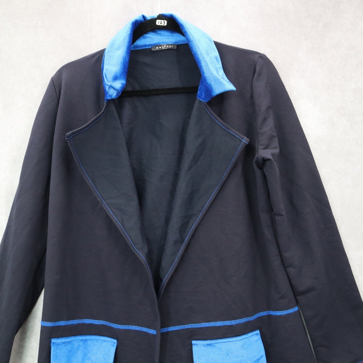 Zentoni Black Peak Lapel Blue Collar Flap Pocket Regency Trench Coat Jacket M