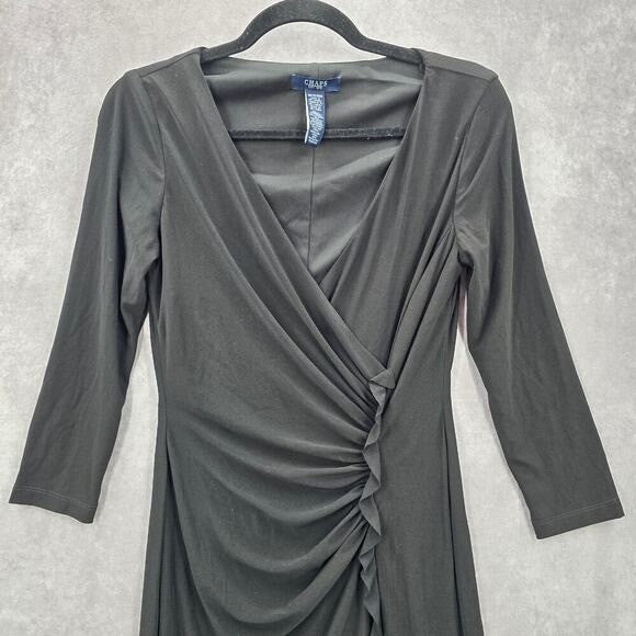 Chaps Black Wrap Drape Ruffle Knee Length V Neck Formal Dress XS