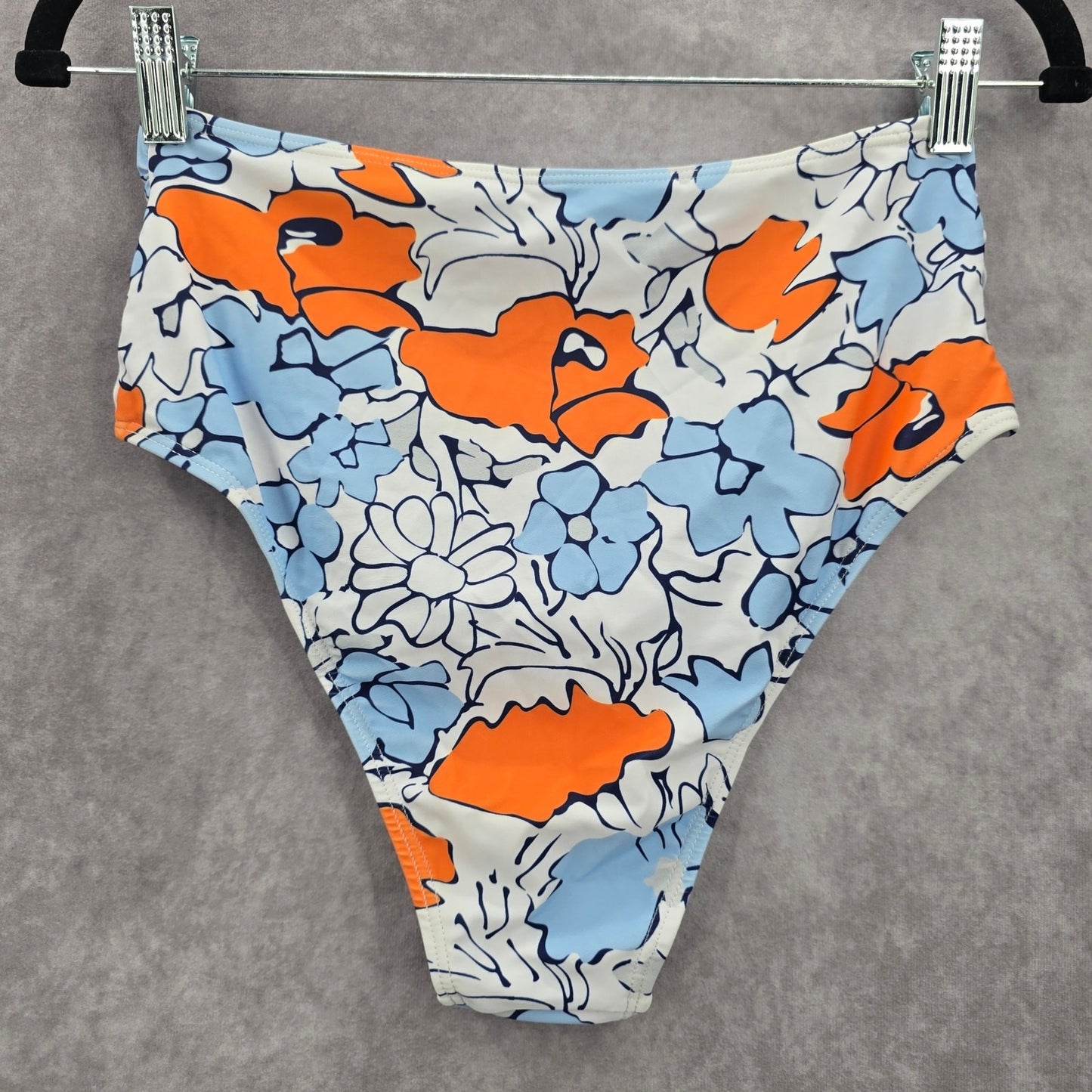 Blue White Floral Print Bikini Bottoms Swimsuit High Rise Swimwear Medium