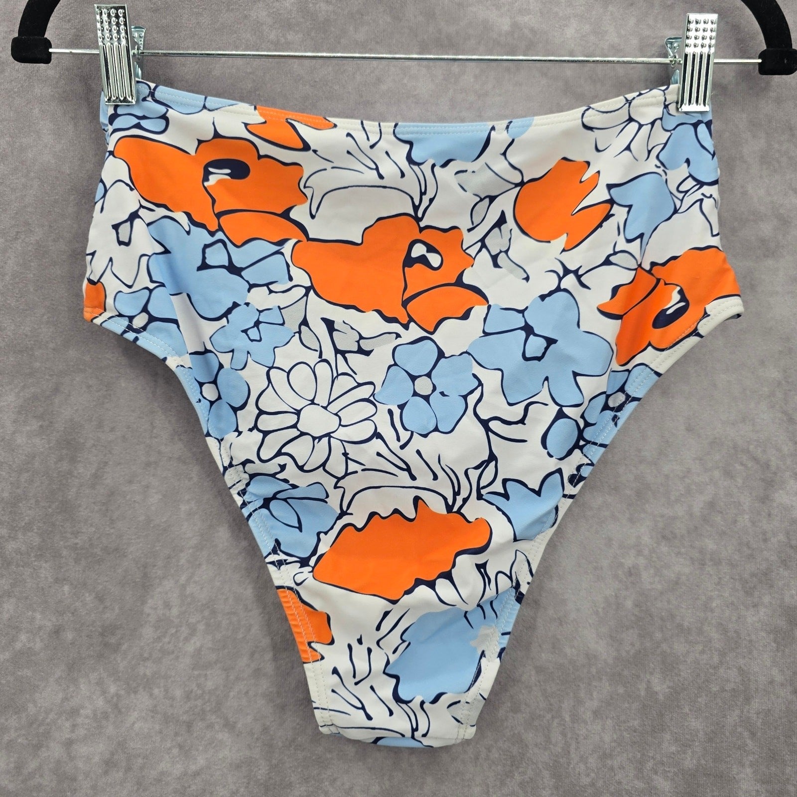 Blue White Floral Print Bikini Bottoms Swimsuit High Rise Swimwear Medium