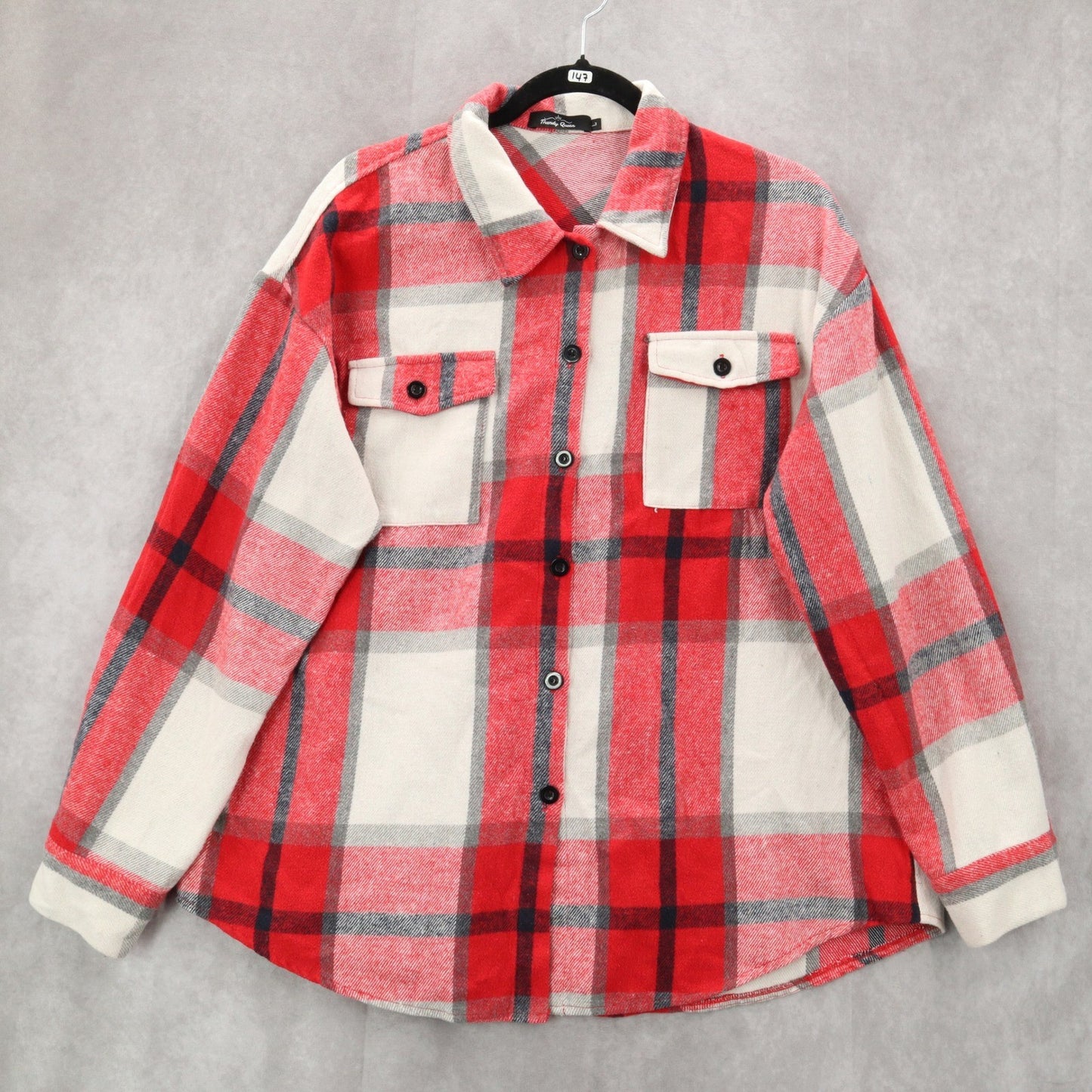 Trendy Queen Red Long Sleeve Plaid Flannel Button Down Pocket Shacket Large