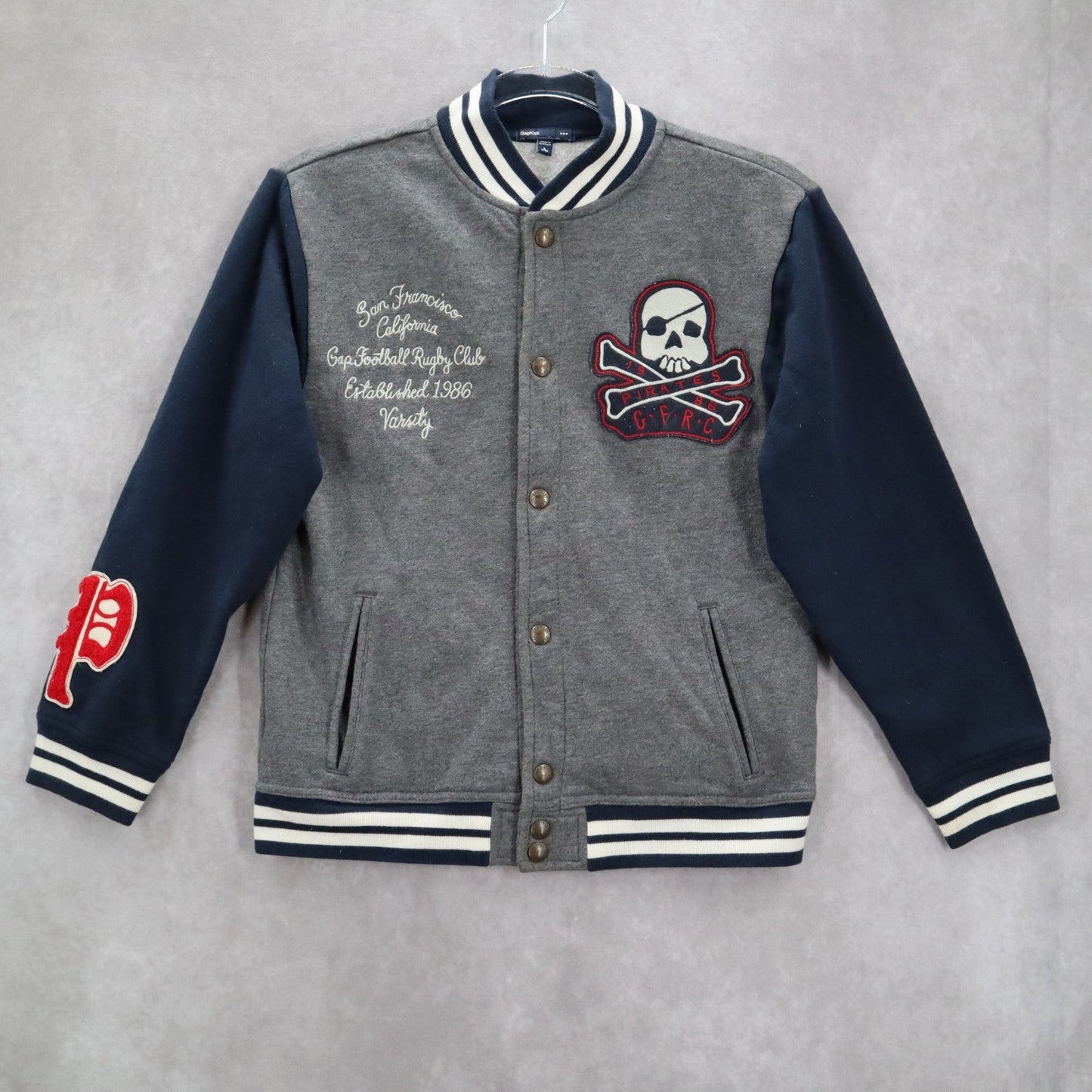Gap Kids Gray Blue Button Bomber Varsity Pirate Patch Stripe Coat Jacket L Large