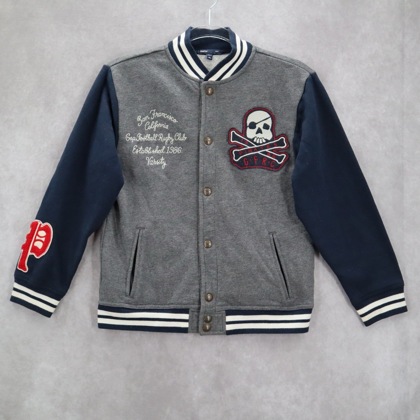 Gap Kids Gray Blue Button Bomber Varsity Pirate Patch Stripe Coat Jacket L Large